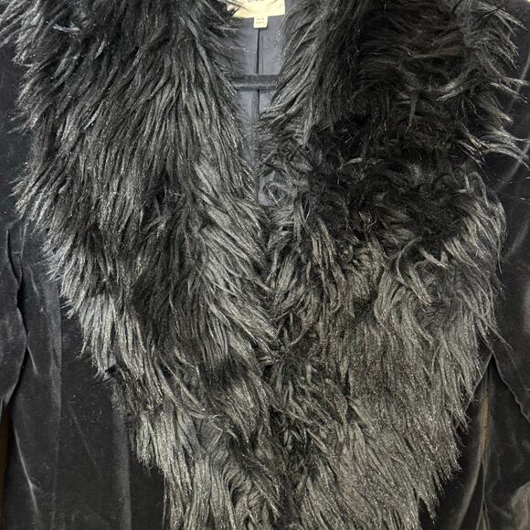 Oasis long black velvet coat faux fur collar British pockets button front US 6 - Picture 3 of 5